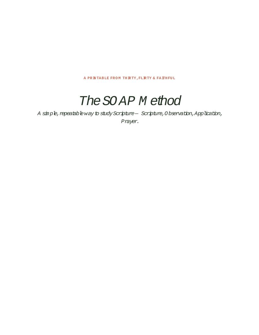 Cover page of the SOAP Bible Study Method printable, introducing the four-step Scripture study framework.