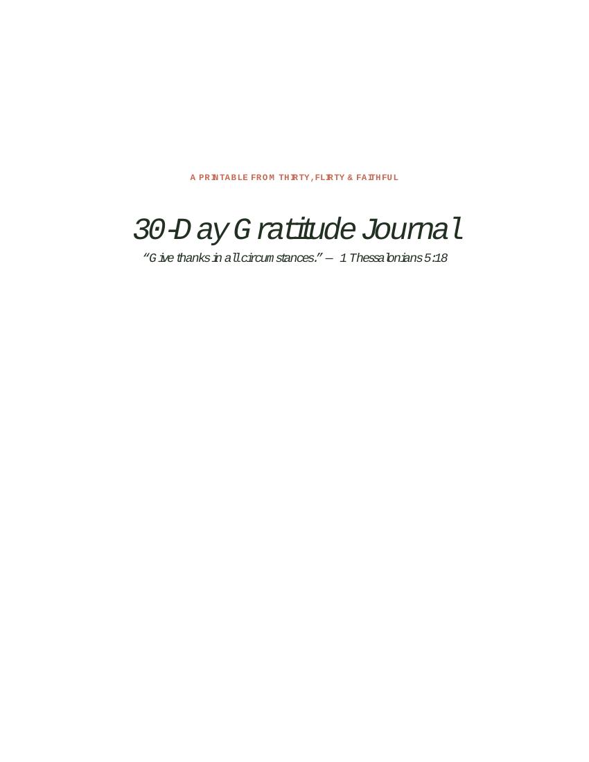 Cover page of the 30-Day Gratitude Journal printable with the title and 1 Thessalonians 5:18 as the guiding verse.